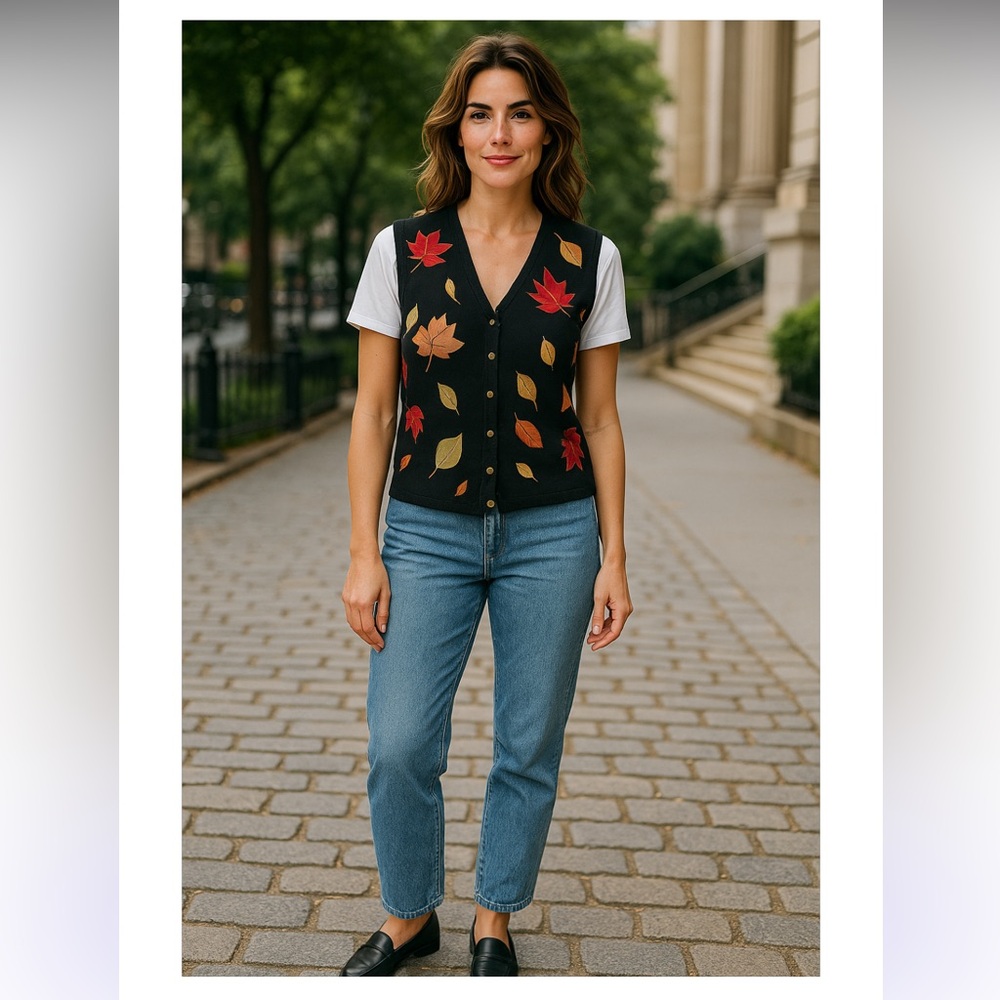 Croft and barrow adorable black sweater vest  with fall  leaf appliqués…